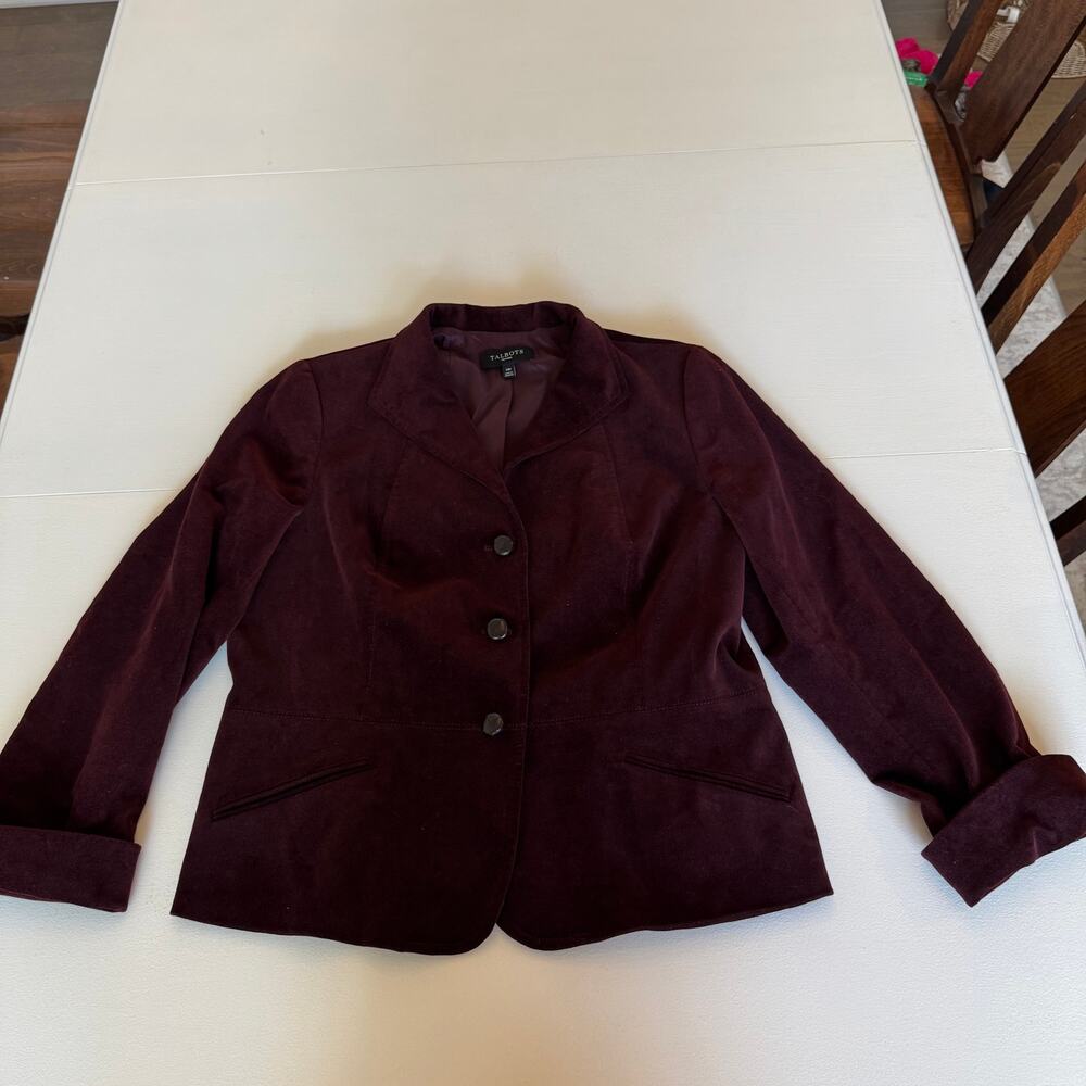 Talbots Burgundy Velvet Blazer Jacket Size 14P Leather Buttons Academia Career
